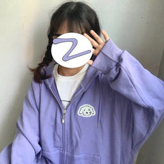 New Japanese Tops Hoodie Women's Kawaii Puppy Embroidered Sweatshirt Cardigan Loose Plus Velvet Jacket Girl Girlfriend Top