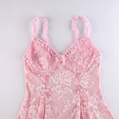 Sweet Cute Lace Cami Dress See Through Sexy Slim Sleeveless Ruffles Bow A-Line Mini Dresses For Women Summer Spring Lady