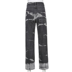 pbong Brown Tie Dye Print Y2k Baggy Mom Jeans Women Vintage Aesthetic Straight Denim Pants High Waist Gray Trousers Streetwear