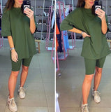 New Casual Solid Women's Two Piece Suit with Belt Solid Color Home Loose Sports Fashion Leisure Suit Summer Clothing
