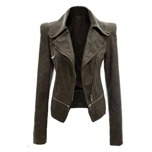 Women Autumn zipeer Soft Leather Jacket Coat Turn-down Collar Casual Pu Motorcycle Black Punk Outerwear