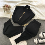 Women Zipper Knitted Cardigans Sweaters + Pants Sets + Vest Woman Fashion Jumpers Trousers 2 PCS Costumes Outfit