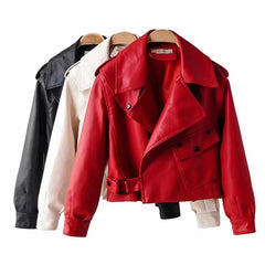 New Faux Leather Jacket Women Turn-down Collar Casual Pu Leather Jackets Female Short Loose Motorcycle Biker Coat Outwear