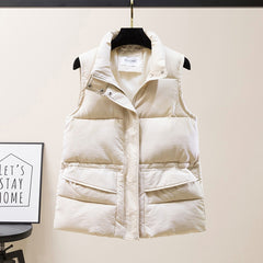 Solid Short Style Vest for Women Cotton Padded  Women's Winter Sleeveless Jacket with Zipper Stand Collar Casual Coats