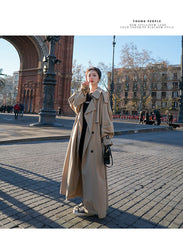 Korean Style Loose Oversized X-Long Women's Trench Coat Double-Breasted Belted Lady Cloak Windbreaker Spring Fall Outerwear Grey