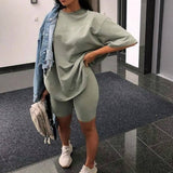 New Casual Solid Women's Two Piece Suit with Belt Solid Color Home Loose Sports Fashion Leisure Suit Summer Clothing