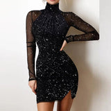 Women Elegant Patchwork Hollow Out Dress New Spring Turtleneck Shiny Silk Club Party Dress Autumn Mesh Long Sleeve Bodycon Dress