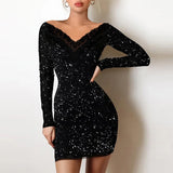 Women Elegant Patchwork Hollow Out Dress New Spring Turtleneck Shiny Silk Club Party Dress Autumn Mesh Long Sleeve Bodycon Dress