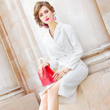 Women's autumn new high waist slim suit collar professional medium length stripe dress