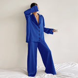 Oversized Satin Silk Sleepwear Low Cut Sexy Pajamas For Women Single-Breasted Long Sleeves Wide Leg Pants Trouser Suits