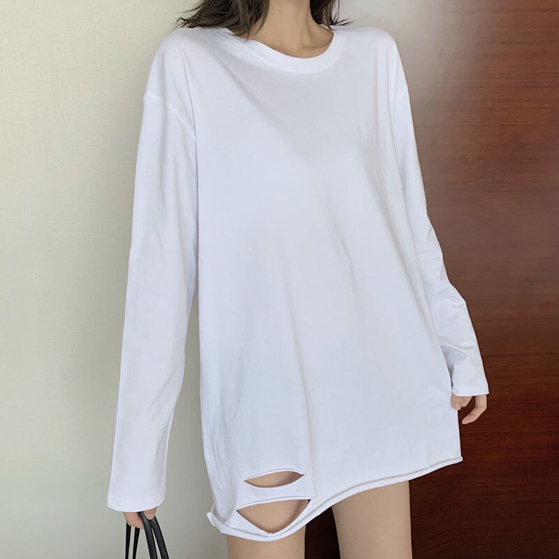 Oversize Split Fork Long T-shirt Women Casual Basic O-neck Long Sleeve Tee Shirt Autumn