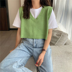Sweater Vest Autumn winter All-match Basic Fashion Ladies Jumpers Lovely Candy Color V-neck College Girls Cropped Knitwear