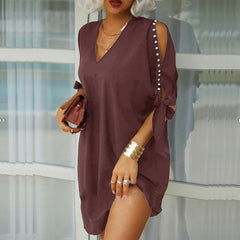 Women Elegant V Neck Party Dress Summer Sexy Hollow Out Sleeved Loose Dresses Casual Solid Office Ladies Mini Dress Size S-5XL