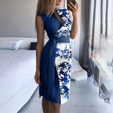 Fashion Elegant Office Women Floral Print Tied Detail Sleeveless Vintage Blue Slim Waist Midi Summer Casual Dress With Belt