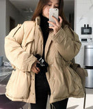 Korea Women Winter Thick Solid Cotton Parka Drawstring Slim Waist Overcoat Oversize Coat Jacket Zipper Outerwear with Pocket