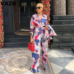 Blue Color Business Lady Turn-down Collar Sets Long Sleeve Long Pant 2 Peice Sets Single-breasted Slim Women Sets