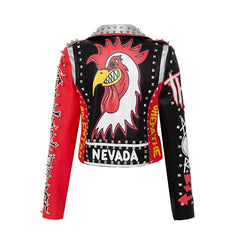 RED color soft pu leather coats Women cartoon Print Leather  Turn-down collar Punk Rock Cropped Jackets faux leather coat Y470