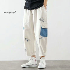 Graffiti jeans men's trendy brand loose straight Korean version of the trend of oversized overalls nine points on the sweatpants