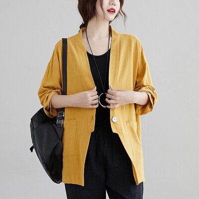 Retro Korean Loose Plus Size Long Solid Color Cardigan Suit Jacket Spring New Trend V-Neck Cotton And Linen Shirt Top Zh155