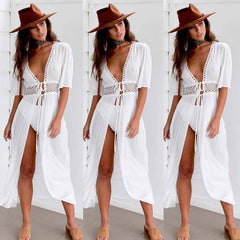 Pbong mid size graduation outfit romantic style teen swag clean girl ideas 90s latina aesthetic3XL Plus Size Beach Long Maxi Dress Women Beach Cover Up Tunic Pareo White V Neck Dress Robe Swimwear Bathing Suit Beachwear