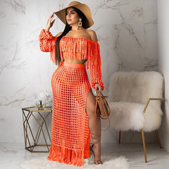 Sexy Crochet Beach Skirt Sets Slash neck Long Sleeve Crop Top and Split Long Skirts Women Tassel 2 Piece Summer Classic Outfit