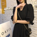 Dress Women Autumn Chic Simple Elegant Puff Sleeve Vintage Black Ladies Streetwear Party Daily V-neck Female Clothing Vestidos
