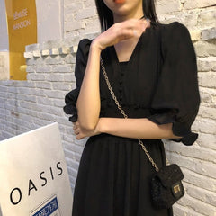 Dress Women Autumn Chic Simple Elegant Puff Sleeve Vintage Black Ladies Streetwear Party Daily V-neck Female Clothing Vestidos