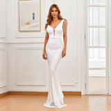 Women Beading Dress Long Prom Dress Deep V Neck Silver Sequin Evening Dress Sexy Party Maxi Dress