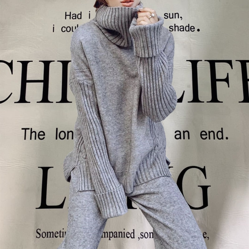 JXMYY sweater set women tracksuit spring autumn knitted suits 2 piece set warm turtleneck sweater pullovers wide legs pants