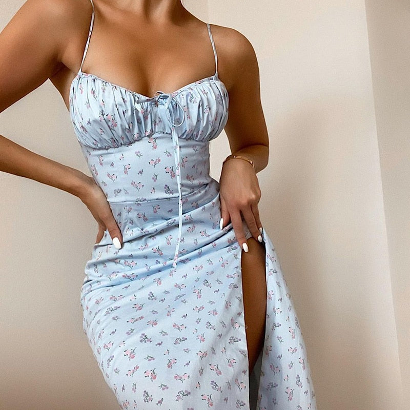 Cryptographic Fashion Floral Print Cottagecore Slpit Dress Women Elegant Club Party Fairy Sleeveless Backless Dresses Clothes