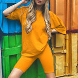 New Casual Solid Women's Two Piece Suit with Belt Solid Color Home Loose Sports Fashion Leisure Suit Summer Clothing