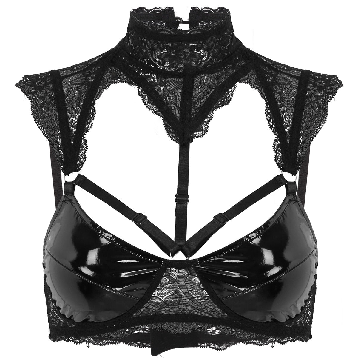 Womens Erotic Sheer Lace Lingerie Sexy Bra Intimates Halter Neck Patent Leather Cups Hollow Out Wire-free Unlined Bra Crop Tops
