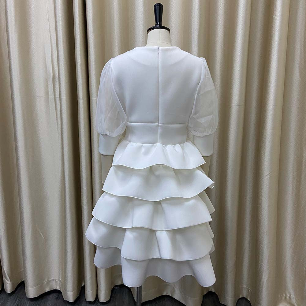 Women White Cake Dresses  Bubble Lantern Sleeves Patchwork Party Fashion Lovely Celebrate Occasion Event Lolita Female Robes New Pbong mid size graduation outfit romantic style teen swag clean girl ideas 90s latina aesthetic