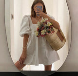 White Backless Casual Dress Women Short Puff Sleeve A Line Summer Sexy Beach Square Neck Elegant Party Mini Dresses