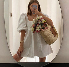 White Backless Casual Dress Women Short Puff Sleeve A Line Summer Sexy Beach Square Neck Elegant Party Mini Dresses