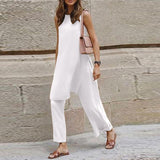 Pbong Fashion 2pcs Sets Women Asymmetrical Side Slit Sleeveless Long Tank Top Casual Folding Wide Leg Trousers Celmia Street Pant Sets