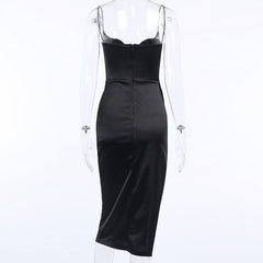Black Silk Dress Women Sexy V-Neck Sleeveless Hight Split Hem Knee-Length Strap Dress Slim Summer Party Dresses Women