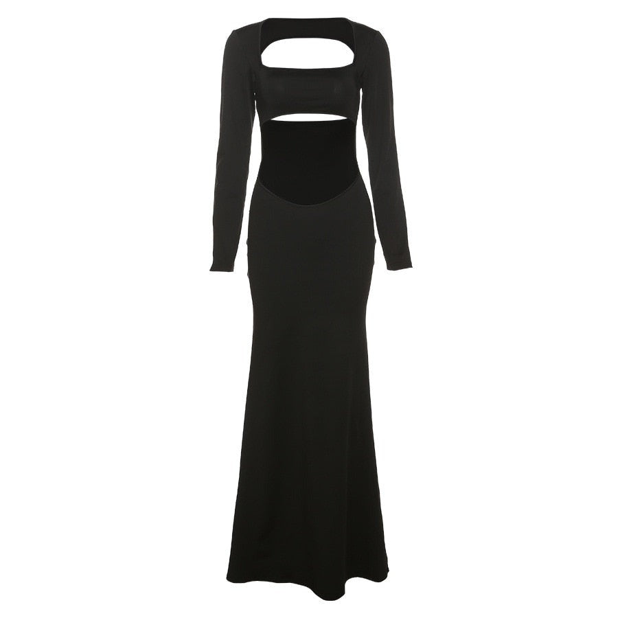 Autumn Solid Color Hollow Out Sexy Long Dress For Elegant Women's Dinner Party Midnight Night Clubwear Hot