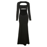 Autumn Solid Color Hollow Out Sexy Long Dress For Elegant Women's Dinner Party Midnight Night Clubwear Hot