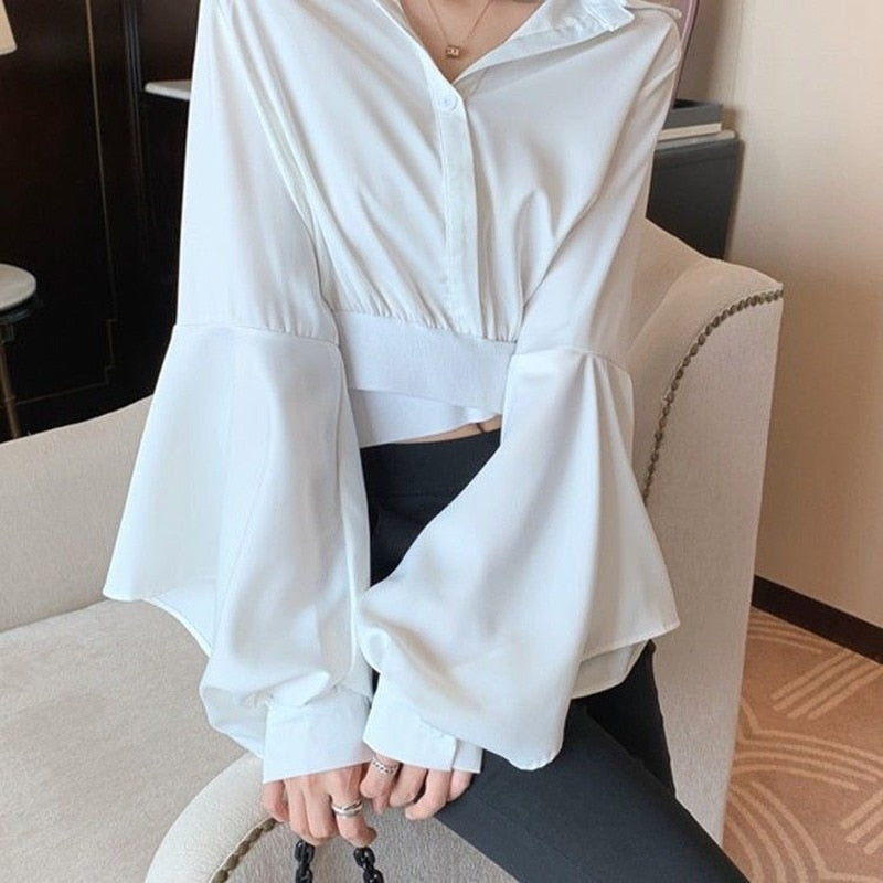 Spring Sexy Y2k Blouse Women V Neck Button Long Sleeve Vintage Casual Crop Tops Female Outdoor Korean Fashion Chiffon Shirt