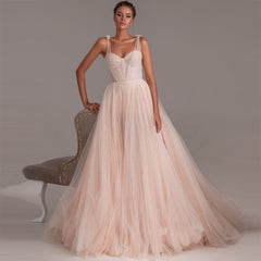 Tulle Embroidery Lace Long Prom Dresses Sweetheart A-Line Evening Dress Spaghetti Straps Formal Party Gown