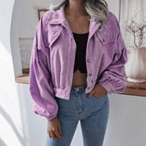 New Long Sleeve Women Corduroy Short Jacket Solid Color Button Pocket Crop Coat Long Puff Sleeve Outwear Pockets Top