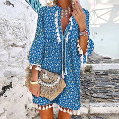 Women Floral Print 3/4 Sleeve Mini Dress Spring V Neck Tassel Vintage Party Dress Casual Loose Summer Beach Dresses Vestido