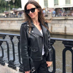 Spring Autumn Women Faux Leather Jacket Ladies Solid With Belt Zipper Biker Coat Female Casual Outwear