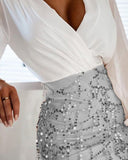 Elegant Party Wear Ball Gown Women V Neck Lantern Sleeve Sheer Mesh Tassel Sequin Dress Sexy Long Sleeve Mini Bodycon Dress