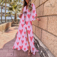 Bikini Cover-ups Boho Print Long Dress Self Belted Sexy Beach Tunic  Summer Women Beach Wear Swim Suit Cover Up Pbong mid size graduation outfit romantic style teen swag clean girl ideas 90s latina aesthetic