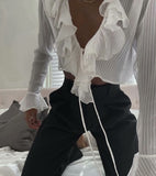 Stylish Women Sexy Tie bow Front Ruffles Cropped Shirt High waist Short Blouse Long Flare sleeve French Tops Black White