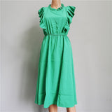 Summer Ladies Elegant Dot Print Chic Dress Women Butterfly Sleeve Ruffles Medium Long Chiffon Dress