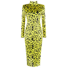 Winter New Fashion Leopard Print Long Dress Elegant Women Long Sleeve Bodycon Dress Celebrity Evening Party Runway Vestidos