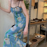 Dress Women Summer New Fashion Elegant French Style Retro Mesh Spaghetti Strap Sweet Sundress Holiday Streetwear Colorful Female